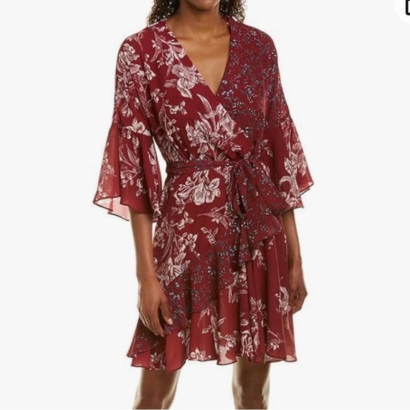 French Connection Frill Mini Wrap Dress in Deep Framboise in Size 4 - Picture 2 of 8